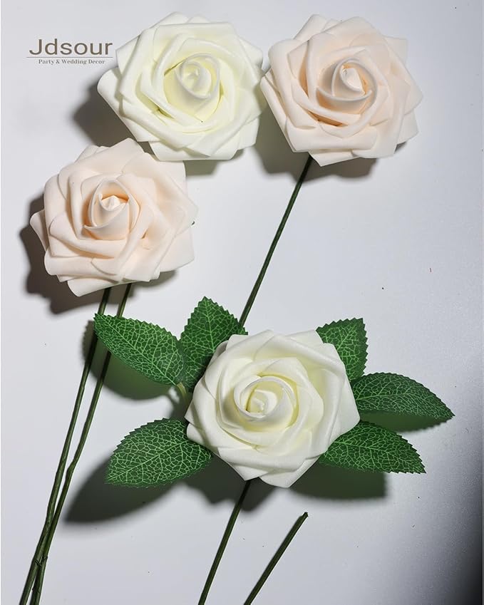 50pcs Artificial Flower，Real Touch Foam Roses w/Stem DIY for Wedding Bouquet Centerpieces Party Shower Home Decor-Ivory Cream