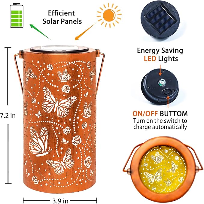 Christmas Gifts for Women Butterfly Solar Lanterns Outdoor Waterproof Hanging Solar Lights Butterfly Gifts for Women Men Metal Decorative LED Lanterns for Garden Decor,Yard,Patio,Lawn,Tabletop,Pathway