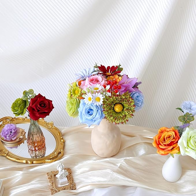 Colorful Artificial Flowers Combo Box Set Rainbow Silk Roses with Stems Sunflower DIY Bridal Wedding Bouquets Cake Fake Floral Arrangements Baby Shower Party Table Centerpieces Home Decor Bulks