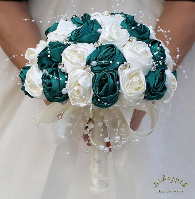 Bridal Wedding Bouquet Round Bling Brooch Bouquet Throw Toss Artificial Rose Flower Bunch for Bride Bridesmaid Wedding Quinceanera(Dark Green & Ivory, 6.3")