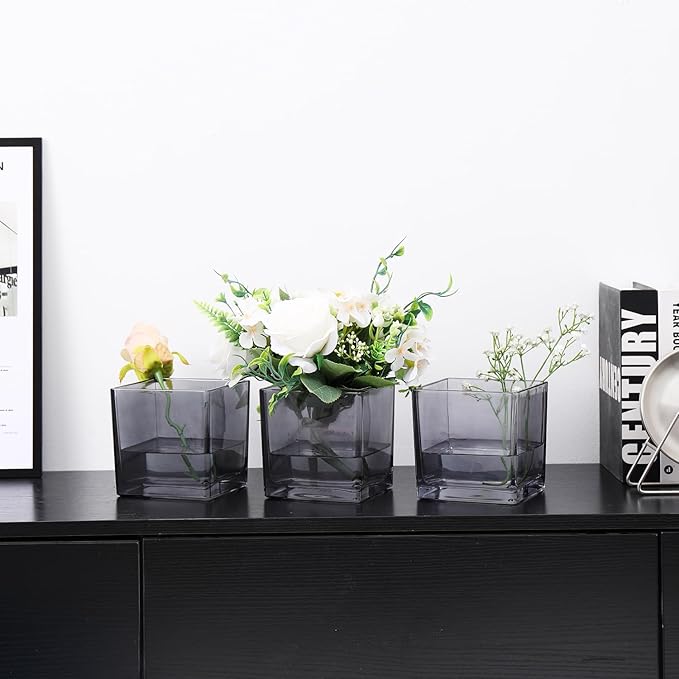 Square Glass Vases Set of 9, 5" x 5" x 5" Grey Flower Vases for Centerpieces, Square Vase for Flowers, Small Vase for Wedding, Party, Home Office Decoration
