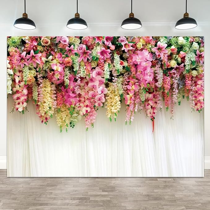 10x6.5ft Pink Floral Backdrop White Curtain Wedding Reception Photography Background Colorful Flowers Anniversary Bridal Shower Decorations Birthday Party Baby Shower Portrait Photo Booth Prop