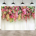 5x3ft Pink Floral Backdrop White Curtain Wedding Reception Photography Background Colorful Flowers Anniversary Bridal Shower Decorations Birthday Party Baby Shower Portrait Photo Booth Prop