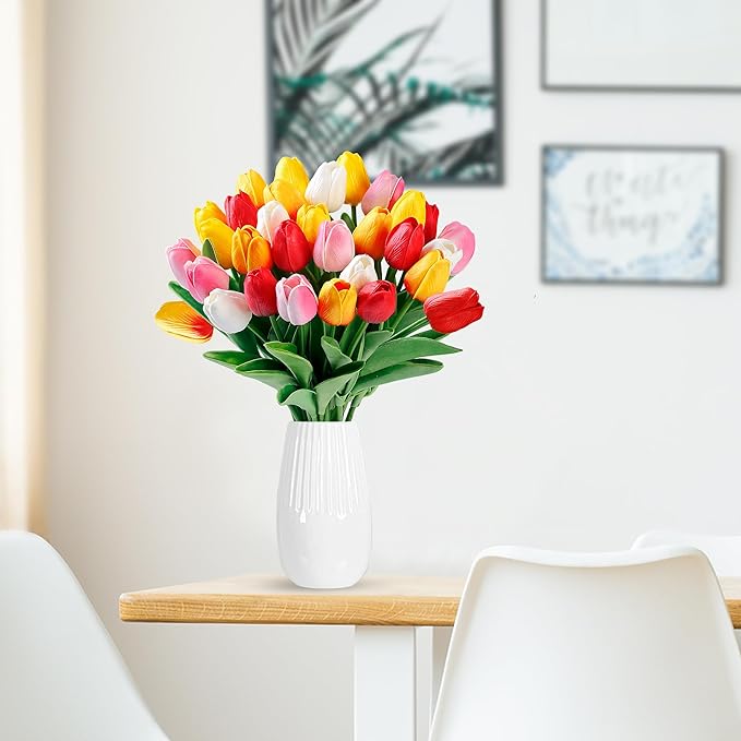 Sggvecsy 30 Pcs Fake Tulips Artificial Flowers Real Touch PU Faux Flowers Tulip Stems for Wedding Spring Bouquet Floral Arrangement Home Party Office Decorations for Mother's Day (Multi Colors)