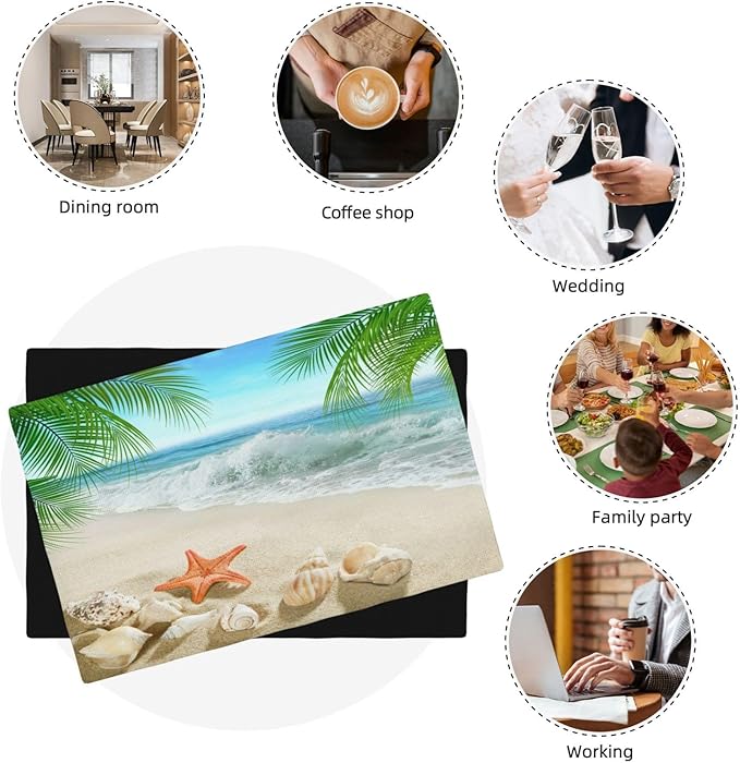 Starfish Beach Placemats, Leisure Summer Time Waves Tropical Palm Elm Sand Starfish Seashells Nautical Print Washable Fabric Placemats Table Kitchen Dining Party 12x18 Inch Set of 6