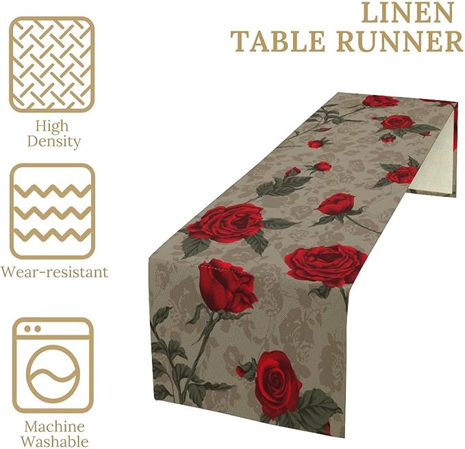 Red Rose Print Table Runner, Romantic Vintage Rose Spring Summer Dinner Runner Table Decoration for Home Kitchen Dining Holiday Wedding Party 13x60in