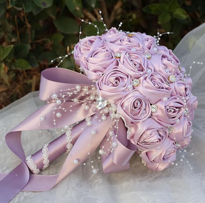 Bridal Wedding Bouquet Round Bling Brooch Bouquet Throw Toss Artificial Rose Flower Bunch for Bride Bridesmaid Wedding Quinceanera(Light Taro Purple, 6.3")