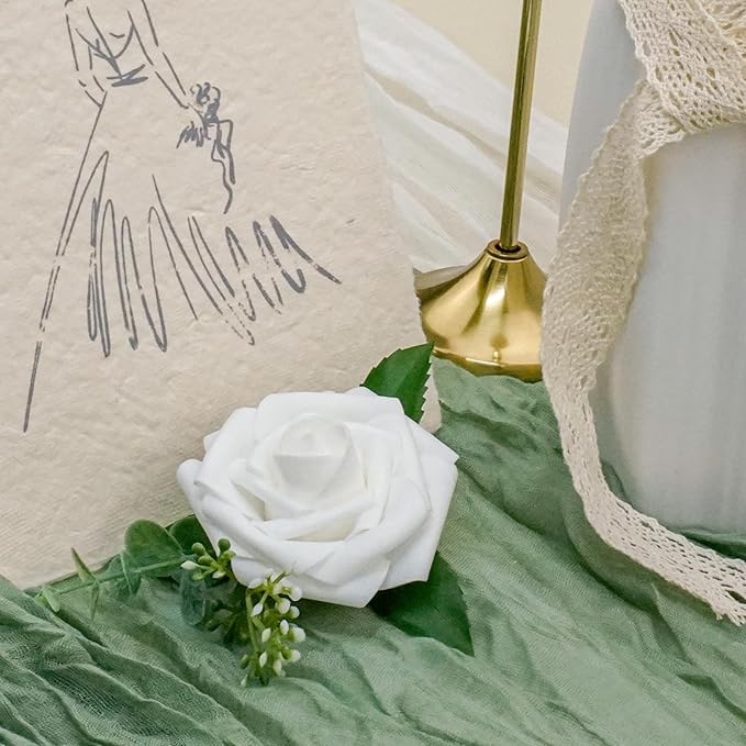 Artificial Flowers, 50pcs Sage Green Artificial Rose for DIY Wedding Bouquets Centerpieces Arrangements, Sage Green and White Dahlia Flowers with Stem for Bridal Shower Party Home Decorations