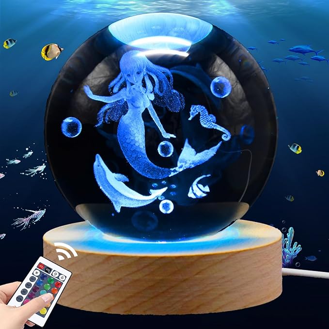 3.15in 3D Mermaid Nightlight, Mermaid Lamps for Girls Bedroom, Night Light, 16 Colors & Remote Controls Crystal Ball Lamp, Birthday Christmas Mermaids Gifts for Girls Kids