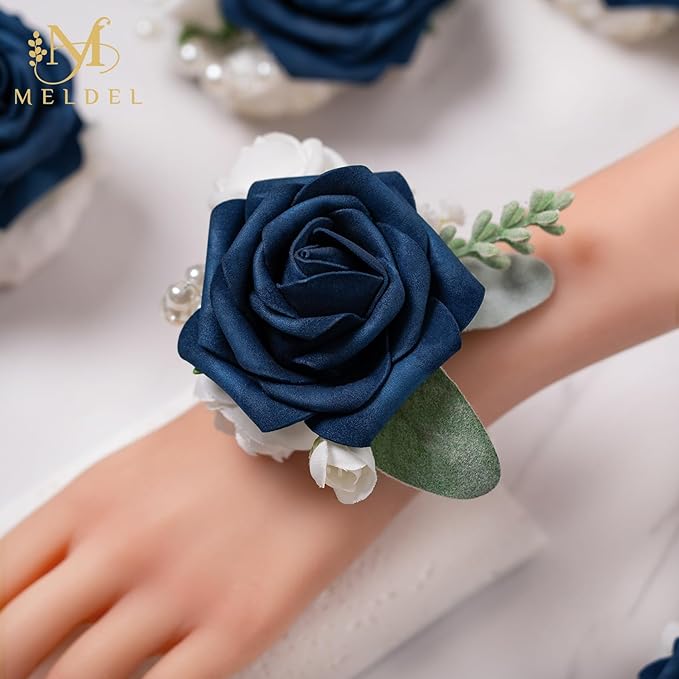 Meldel Blue Wrist Corsage,Set of 6, Prom Wrist Flower Girl/Mother Corsages Wristlet Perfect for Bride Bridesmaids Wedding Guests Hand Flower, Party, Homecoming, Ceremony Anniversary