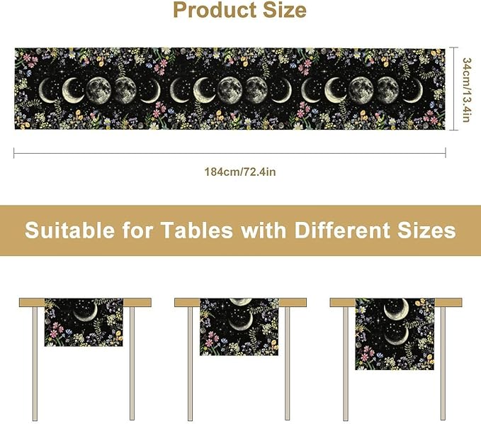 Wild Floral Table Runner, Boho Spring Gothic Moon Phase Wildflower Mystical Witchy Farmhouse Coffee Table Center Decor for Home Kitchen Dining Patio Holiday Party Table Decorations 13x36 inches