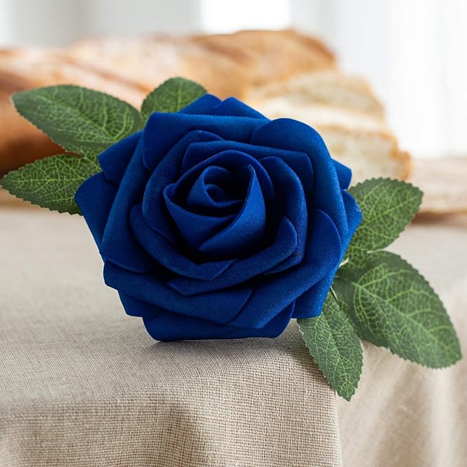 25pcs Artificial Flower Foam Rose Real Touch Roses Flower Heads with Stem for DIY Wedding Bouquets Centerpieces Arrangements Party Baby Shower Home Decor (Royal Blue)