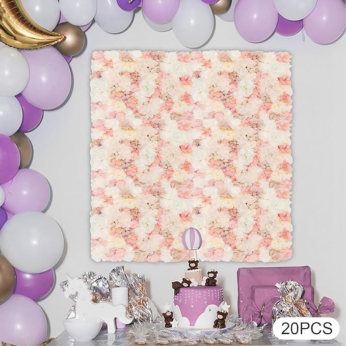 20 PCS Artificial Flower Wall Panel,Each Panel 24" x 16"3D Silk Rose Hydrangea Floral Backdrop,Handmade Eco-Friendly Flower Wall Photo Backdrop Decor (type1)