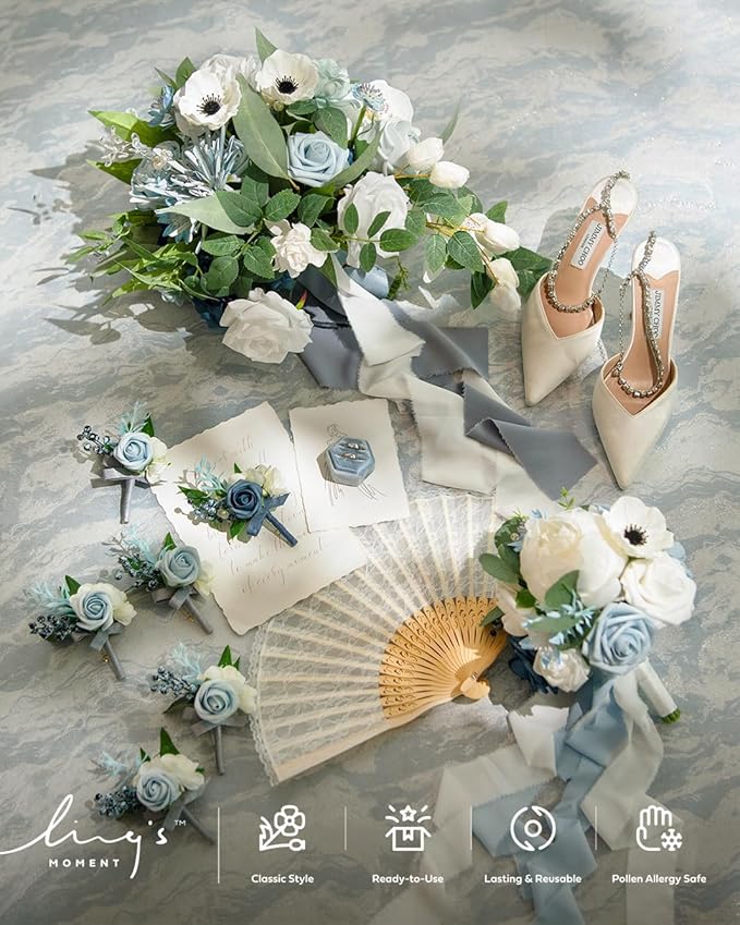 Ling's moment Boutonniere for Men, 6pcs Groom Groomsmen Boutonniere, Artificial Flowers for Wedding Decor/Prom/Homecoming, etc.Dusty Blue Light Blue