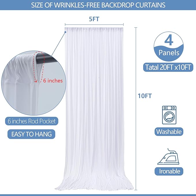 20x10ft Wrinkle Free White Backdrop Curtain for Parties Soft Fabric Drapes Wedding White Curtain Backdrop for Birthday Party Decorations Background for Photography 5x10ft, 4 Panels