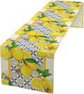 Lemon Table Runner ,Summer Blue Tiles Lemons Kitchen Dining Table Decoration Lemons Table Cover for Indoor Outdoor Home Party Decor, 13 x90 in