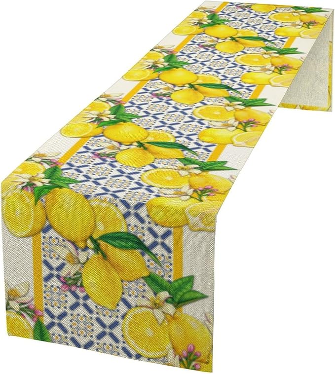 Lemon Table Runner ,Summer Blue Tiles Lemons Kitchen Dining Table Decoration Lemons Table Cover for Indoor Outdoor Home Party Decor, 13 x70 in