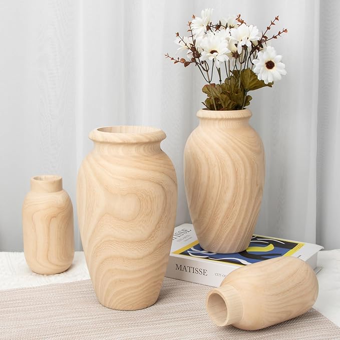 9" Tall Handmade Wooden Flower Vase, Large Wood Vase Decoration for Flower Arrangement Home Decoration