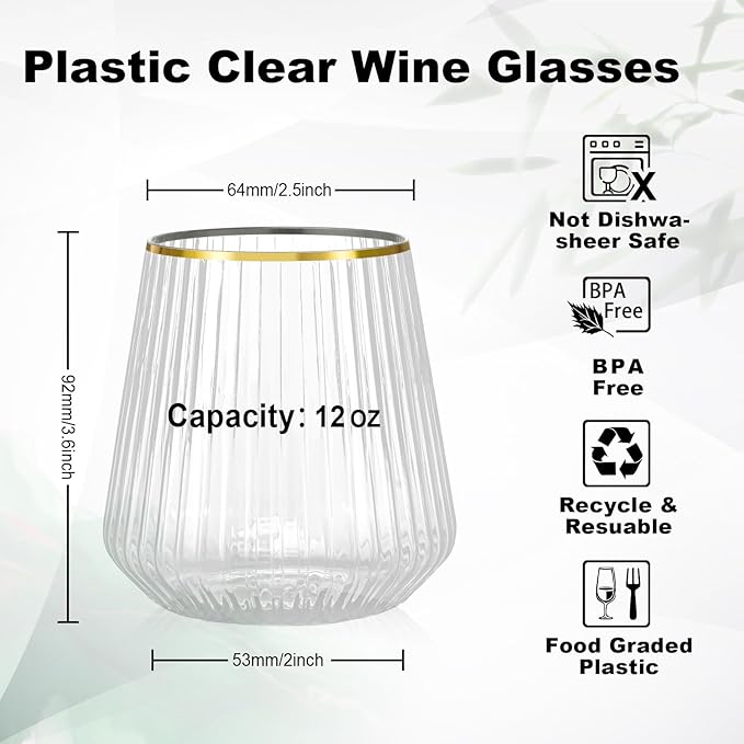 BESTSTAR 72 Pcs 12 oz Plastic Clear Gold Rim Ribbed Wine Glasses, Origami Ripple Disposable Champagne Glasses Elegant Whiskey Glasses Ideal for Weddings, Bars, Christmas, Pool Party, Daily Use
