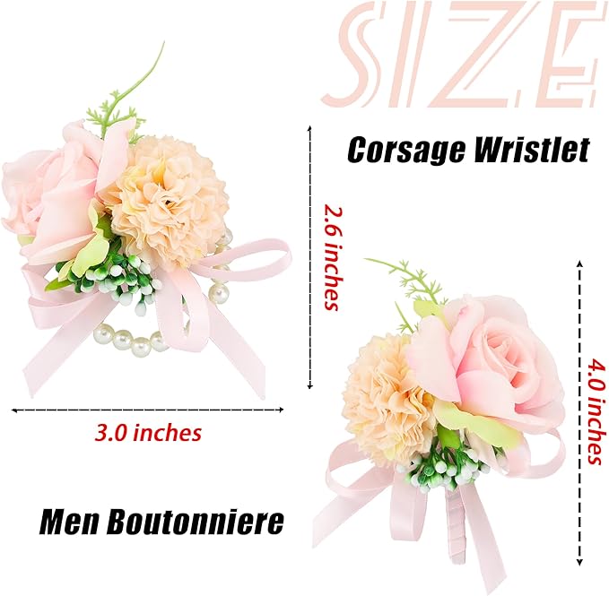 SITUMEIZI 2Pcs Pink Corsage and Boutonniere Set,Corsage Wristlet for Prom Decor,Boutonniere for Men Wedding Flowers Accessories Party Suit Decoration