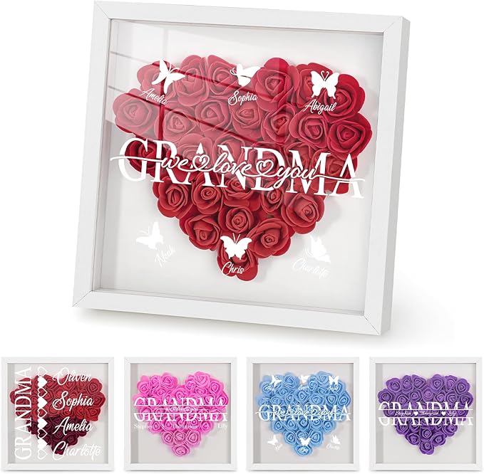 Mom We Love You - Personalized Flower Shadow Box with Names, Christmas Mothers Day Flower Box Gifts for Mom (Style 2-Grandma with Names)
