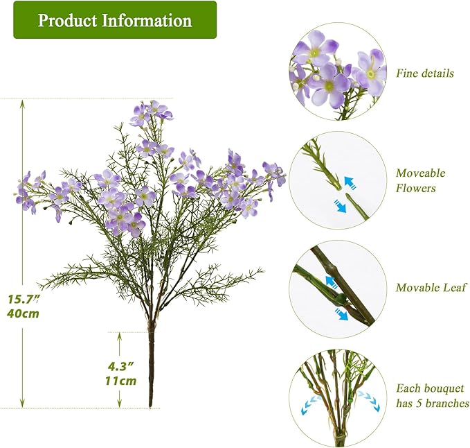 Spring Decorations for Home Fake Flowers Hydrangea Artificial Plants Indoor Mantle Decor Plastic Flowers Artificial Plants Outdoor Garden Decor Hanging Plants 6pcs（Purple） Flowers