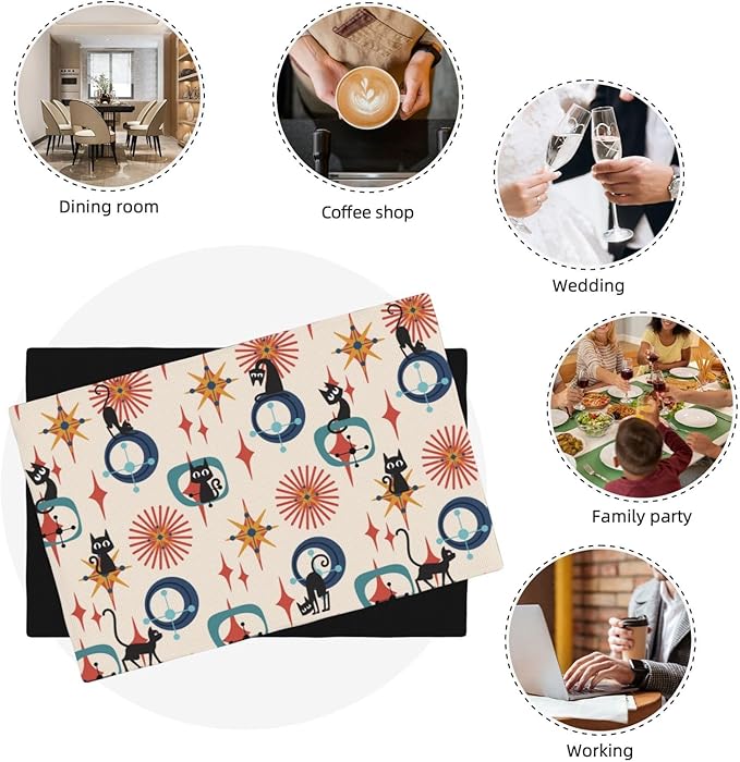 Mid Century Black Cat Modern Placemats Set of 6,Kitchen Table Mats for Dining Outdoor Home Decor 12x18 Retro Place Mats 6 PCS, Style-17