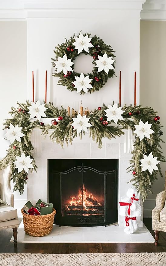Hollyone 3PCS Poinsettia Christmas Flowers Artificial 11" Large White Glitter Poinsettia Flowers Christmas Tree Ornaments Floral Picks for Tree Wreath Garland Vase Table Centerpiece Home Deco