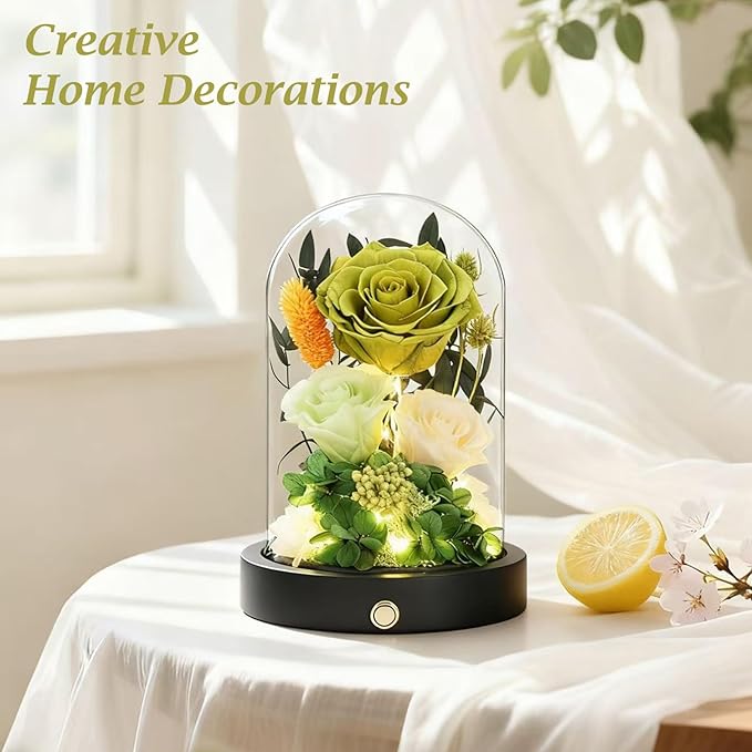 Preserved Flowers in Glass Dome with LED Light, Forever Flowers for Delivery, Eternal Roses Gifts for Women Mom Girlfriend Wife . Valentines Day Mothers Day Anniversary Birthday Gifts For Her(Green)