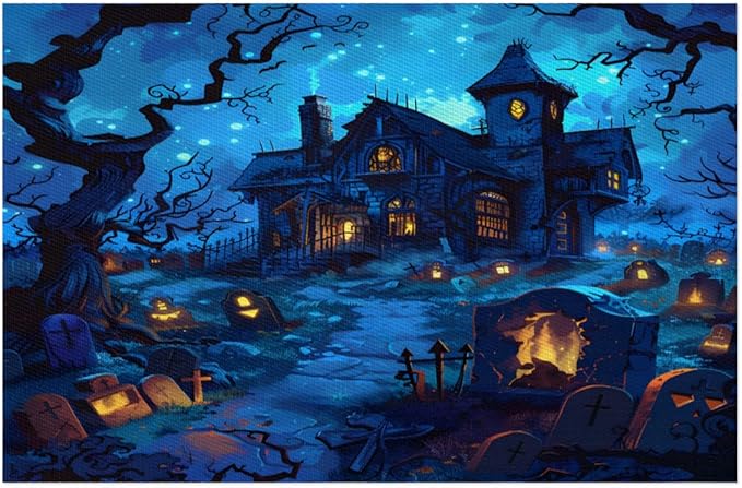Halloween Castle Scary Blue Placemats Set of 1 PVC Vinyl Non Slip Table Mats Heat Resistant Place Mats Washable Wipeable Dining Table Mat for Kitchen Decor Party Indoor Outdoor Decorative Gift