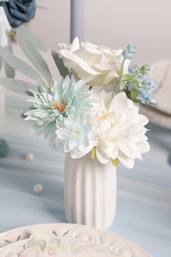 Artificial Flowers Blue Box Set for DIY Bridal Bouquets Wedding Shower Decorations Fake Floral Arrangements for Party Table Centerpieces Home Decor Indoor Outdoor