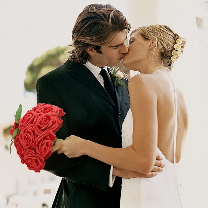 Artificial Roses Flowers 50pcs Real Looking Foam Fake Roses with Stems for DIY Wedding Bouquets Bridal Shower Centerpieces Party Decorations (50, Red)