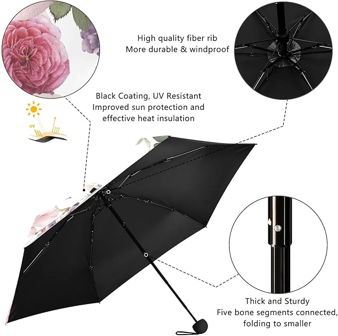 MRMIAN ALAZA Pink & Red Rose Flowers Purple Roses Folding Umbrella for Rain Sun Travel Mini Lightweight Compact Umbrellas