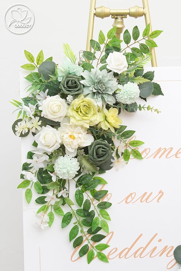 Pack of 2 Wedding Arch Decorations Artificial Hanging Flowers Floral Swag for Wedding Welcome Sign Backdrop Balloon Arch Home Party Bridal Ceremony Reusable(White Green)