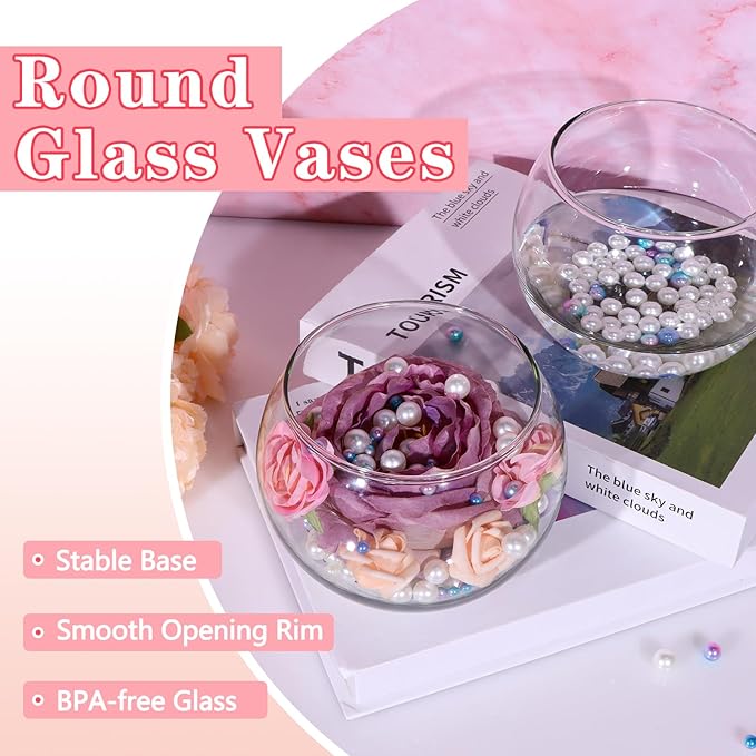 6 Pack Clear Round Glass Vases, 4.7” W x 3.5” H, Bubble Bowl Flower Vase for Table Centerpieces, Candle Holders for Wedding Event Home Decor