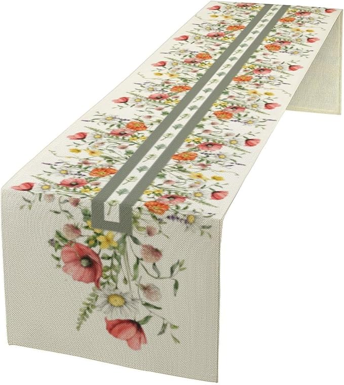 Watercolor Floral Table Runner, Red Wildflowers Botanical Nature Farmhouse Design Table Runner for Kitchen Dining Home Party, 13x90 Inch