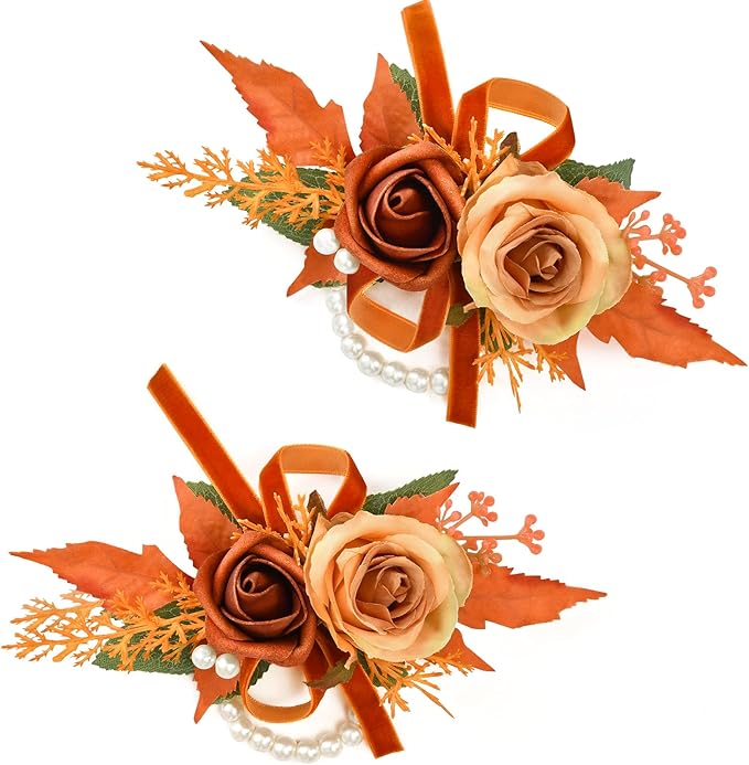 Serwalin 𝗦𝗲𝘁 𝗼𝗳 𝟮 Wrist Corsage for Wedding, 𝟲-𝟳 𝗜𝗻𝗰𝗵 Corsages for Bridesmaid Mother Grandmother, Artificial Flowers for Prom Ceremony Anniversary Cake Topper (Orange)