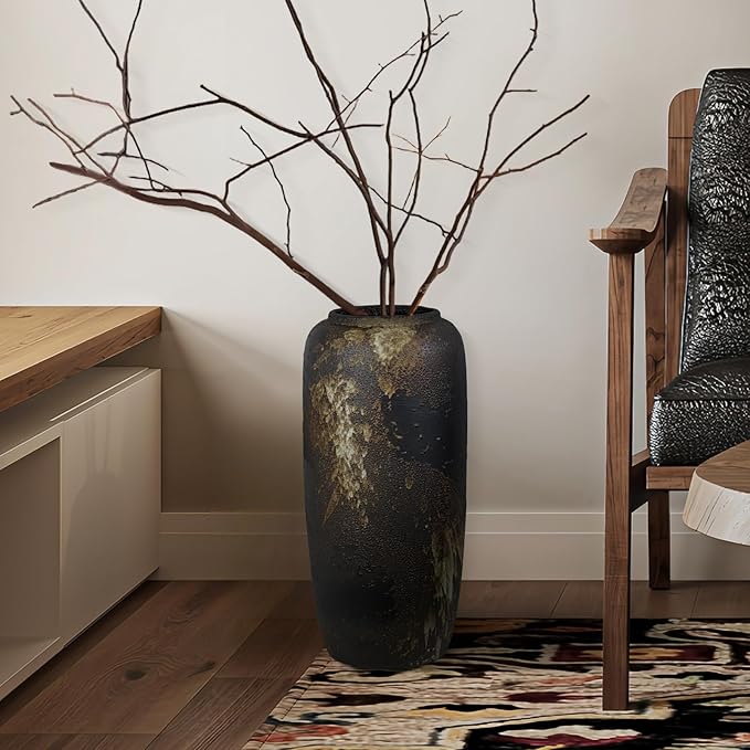 Rustic Ceramic Tall Floor Vase,15.7 Inch Black Large Pottery Farmhouse Decor Floor Vase for Living Room Entryway Table Centerpiece Decor,Vintage Terracotta Vases,Wedding Gift
