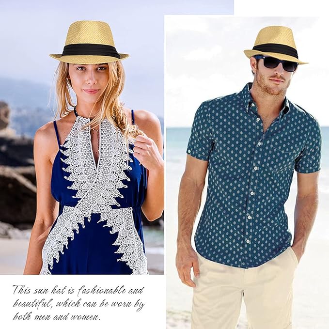 FADACHY Summer Straw Fedora Hat Short Brim Panama Sun Hat Trilby Beach Hat for Men & Women
