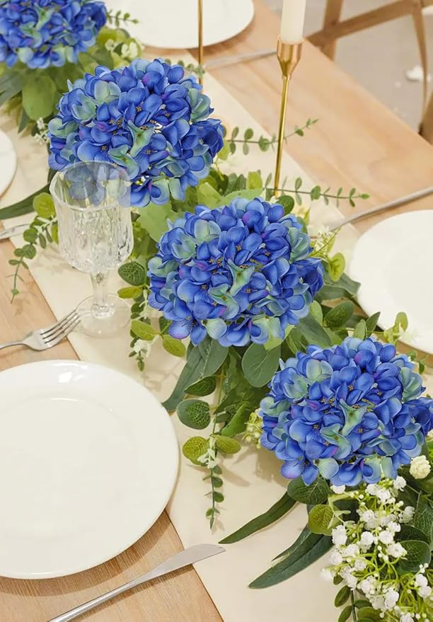 Hollyone Blue Silk Hydrangea Artificial Flowers Heads 7.4inch Large Fake Hydrangea 4Pcs Full Faux Flowers with Stems for Wedding Party Table Centerpieces Flower Arrangement Home Decor