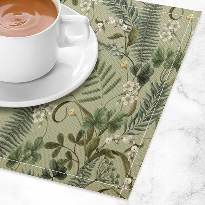 Retro Plant Placemats Set of 6, 17x12 Inch Green Leaves Retro Elegant Nature Plant Aesthetic Table Mats for Home Party Kitchen Dining Decor