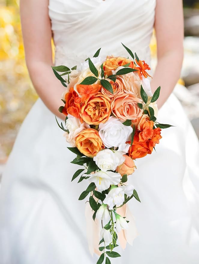 Wedding Bouquet,10 Inch Terracotta Bouquet Cascading Bridal Bouquets for Bride for Wedding Ceremony and Anniversary(Orange)