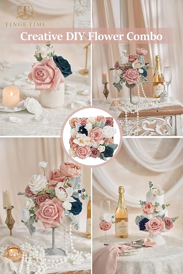 TINGE TIME Artificial Flowers Combo Mix Silk Flowers Pink Roses w/stem for DIY Wedding Bridal Bouquets Baby Shower Floral Arrangement Table Centerpieces Home Decorations (Navy Blue & Dusty Rose)