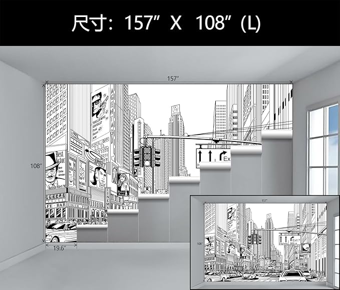 WFBHUA-Black and White City Wallpaper Peel and Stick New York Landscape Self Adhesive Wall Mural for Living Room Bathroom Bedroom 157“x108