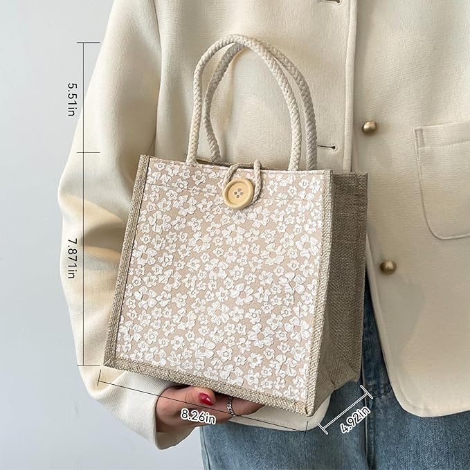 Women Tote Bag,2Pcs Jute Casual Tote's Handbag Embroidered Personalized Bento Bag,Reusable Grocery Bags Shopping Bags