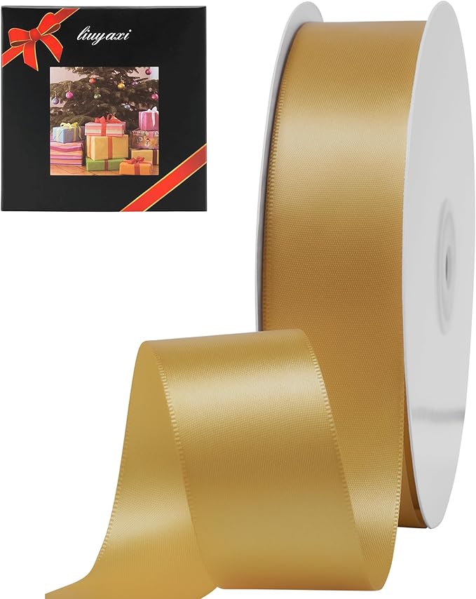 LIUYAXI Old Gold Double Faced Satin Ribbon, 1-1/2" X Continuous 25 Yards, Ribbons Perfect for Gift Wrapping Wedding Bouquet Decor DIY Craft Bow Making & Other Projects