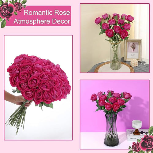 12Pcs Fuchsia Roses Artificial Flowers Fake Roses Faux Velvet Silk Flower for Home Wedding Decoration (Pearl Rose, Fuchsia)