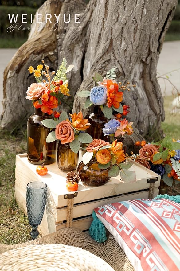 Artificial Flower Box Set Silk Fake Flowers DIY Center Cake Decoration Wedding Bouquet Corsage Home Decor Outdoor Decor Gift (Passionate Burnt Orange)