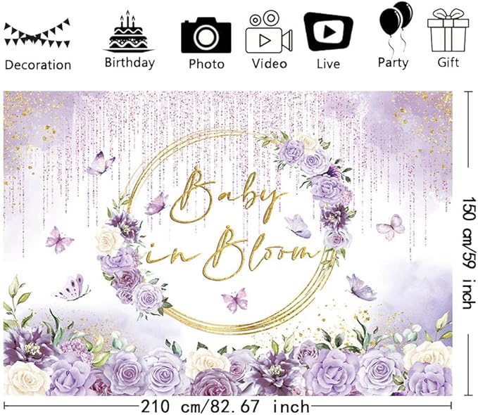 MEHOFOND Baby in Bloom Baby Shower Backdrop Purple Floral Butterfly Baby Shower Party Decorations Baby Girl's Watercolor Floral Glitter Drops Decorations Supplies Banner Photo Booth Studio Props