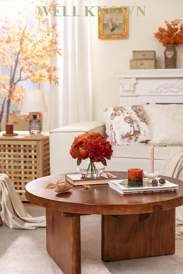 Artificial Flowers in Vase, Silk Peonies Flowers for Vase with Faux Water, Burnt Orange Fake Flower Arrangement for Fall Winter Dinning Wedding Christmas Party Table Centerpieces Decor & Mom's Gift